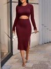 shop cutout burgundy ribbed midi dress with side slit, womens red midi dress, womens dark red midi dress, womens cutout dresses, womens red casual cutout dresses, womens long sleeve red dress, womens date night dress, womens red going out dress, womens night out dress | MYLUXQUEEN